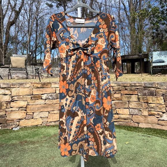 Meet me in Miami Flower Brown, Tan, Blue, and Burnt Orange Maternity Dress - Picture 1 of 14
